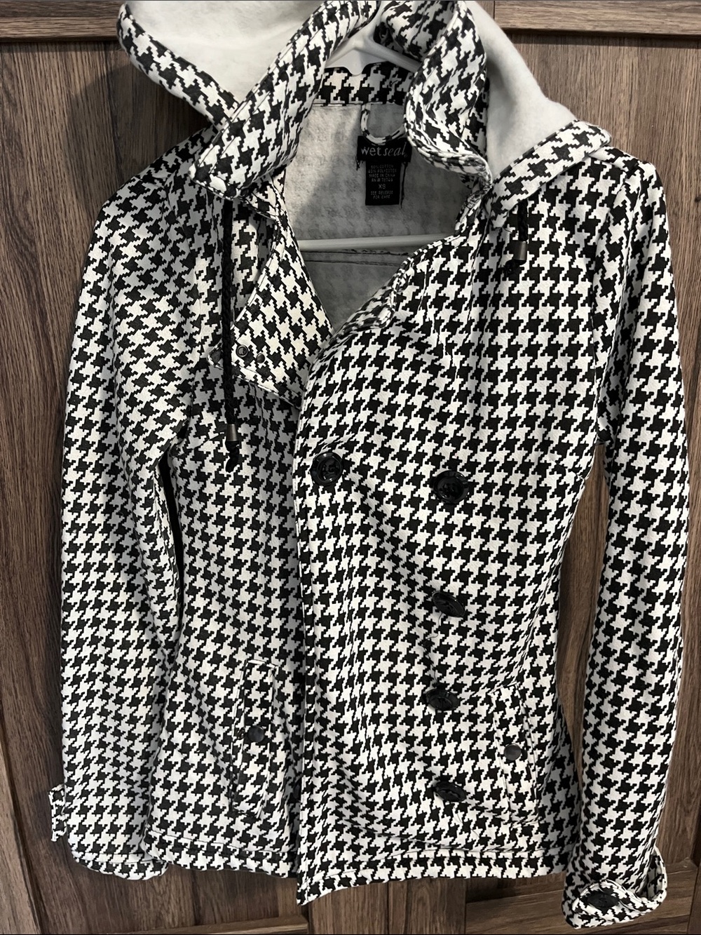 Wet Seal Black & White Houndstooth Pea Coat with Hood